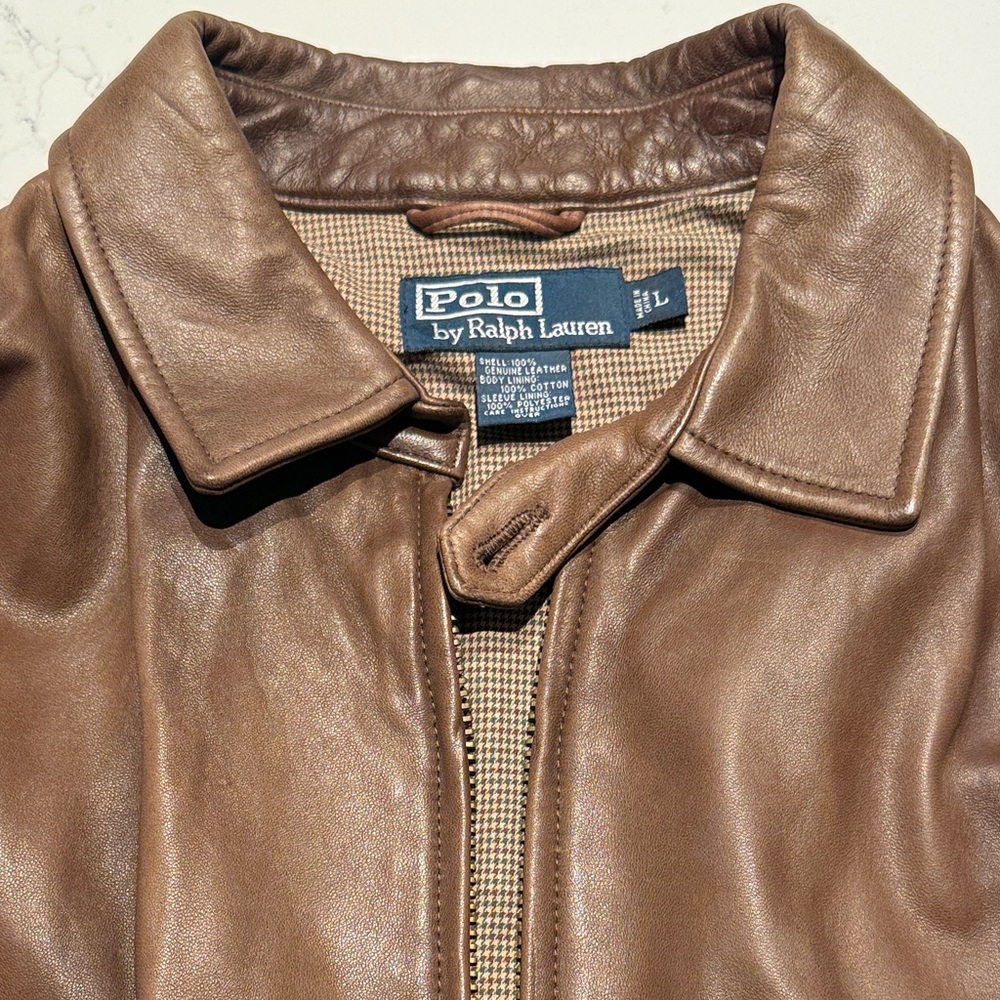 Polo Ralph Lauren Brown Leather Jacket L • Vintage Distressed • Classic Zip Coat